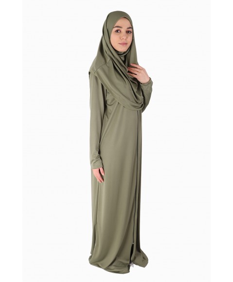 Açık Haki Fermuarlı Model Namaz Elbisesi