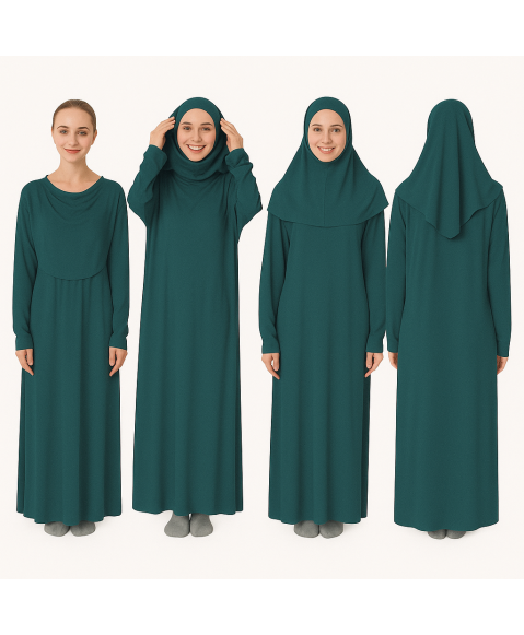 Zümrüt Yeşil Fermuarsız Model Namaz Elbisesi