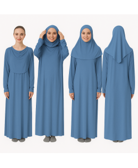 Petrol Mavisi Fermuarsız Model Namaz Elbisesi