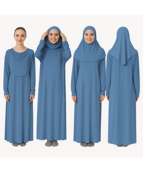 Petrol Mavisi Fermuarsız Model Namaz Elbisesi